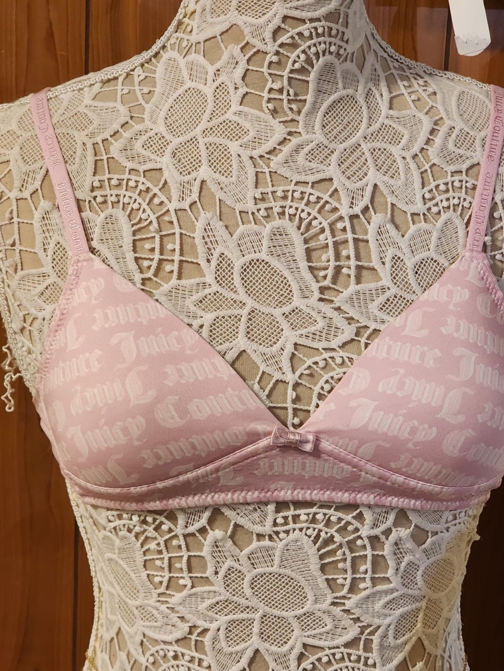 Juicy Couture Baby Pink Gothic Script Monogram Logo Triangle Bralette